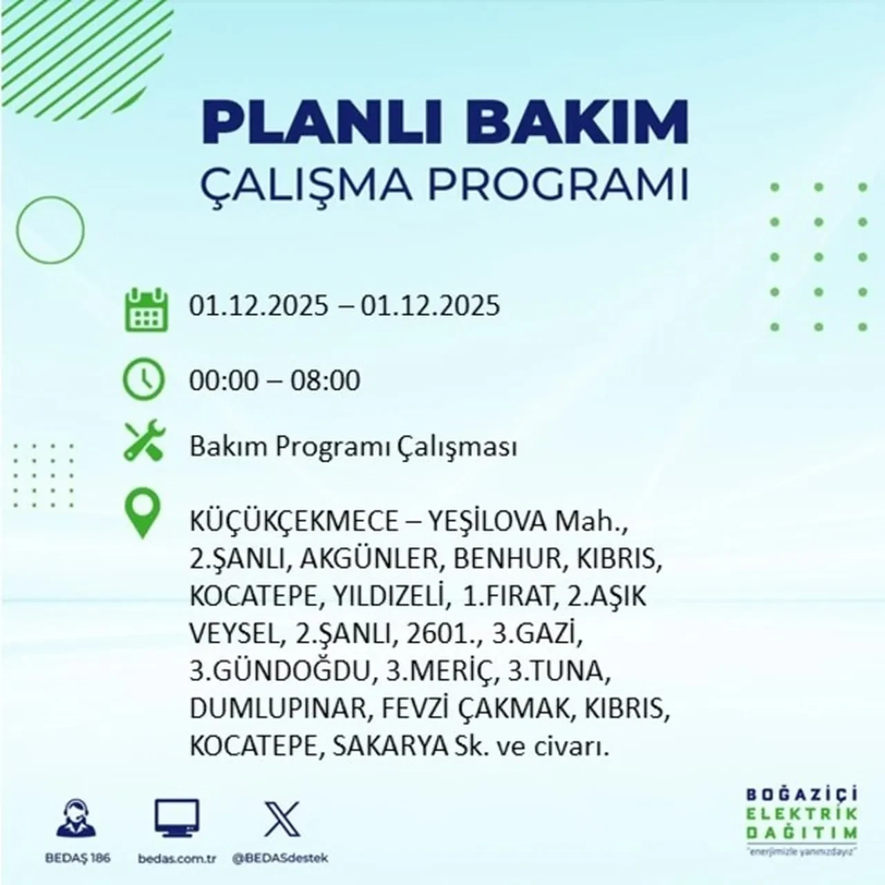 1 Aralık 2025 İstanbul planlı elektrik kesintileri 