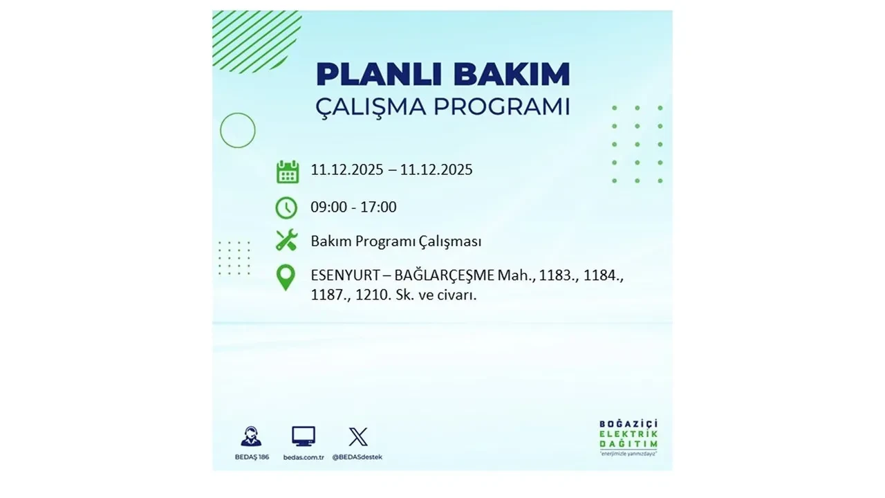 İstanbul’da 11 Aralık’a dikkat! BEDAŞ duyurdu: 22 ilçede elektrik kesintisi yaşanacak, akşam saatlerine kadar enerji verilmeyecek