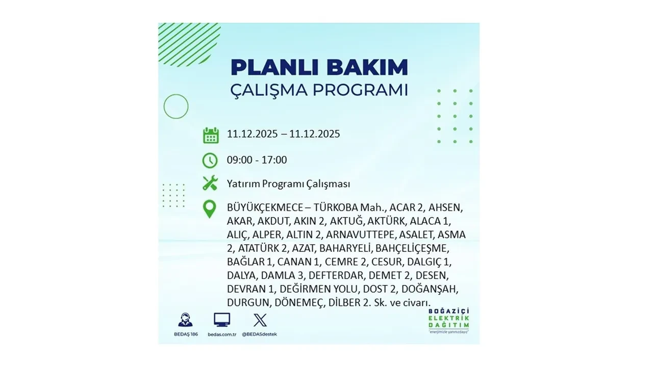 İstanbul’da 11 Aralık’a dikkat! BEDAŞ duyurdu: 22 ilçede elektrik kesintisi yaşanacak, akşam saatlerine kadar enerji verilmeyecek