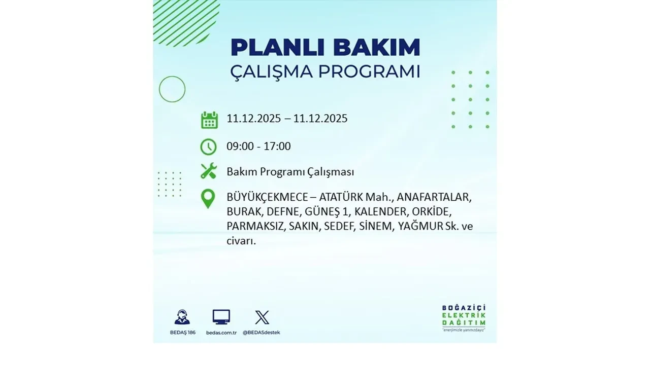 İstanbul’da 11 Aralık’a dikkat! BEDAŞ duyurdu: 22 ilçede elektrik kesintisi yaşanacak, akşam saatlerine kadar enerji verilmeyecek