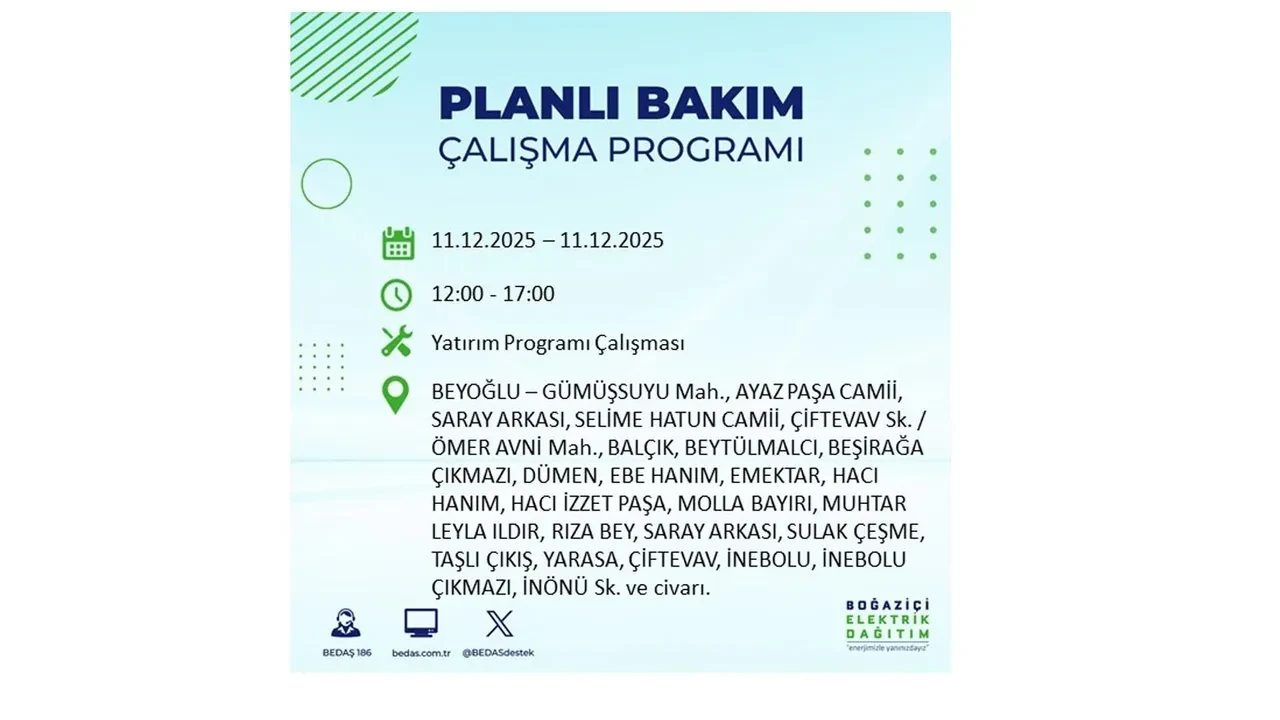 İstanbul’da 11 Aralık’a dikkat! BEDAŞ duyurdu: 22 ilçede elektrik kesintisi yaşanacak, akşam saatlerine kadar enerji verilmeyecek