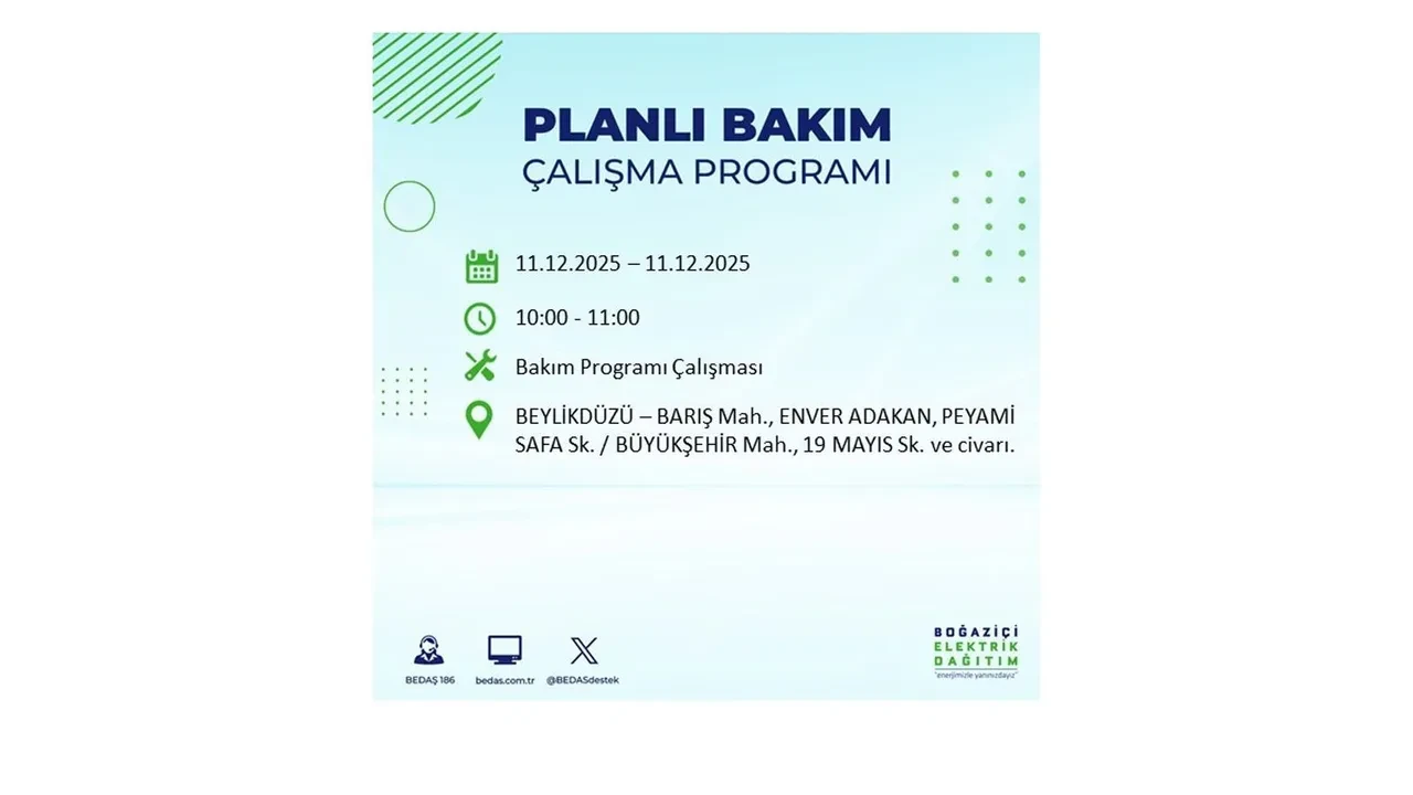 İstanbul’da 11 Aralık’a dikkat! BEDAŞ duyurdu: 22 ilçede elektrik kesintisi yaşanacak, akşam saatlerine kadar enerji verilmeyecek