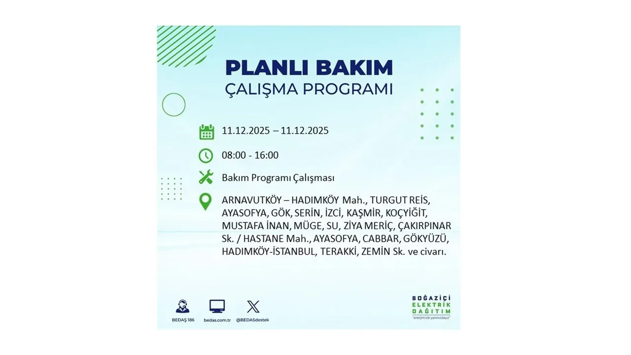 İstanbul’da 11 Aralık’a dikkat! BEDAŞ duyurdu: 22 ilçede elektrik kesintisi yaşanacak, akşam saatlerine kadar enerji verilmeyecek