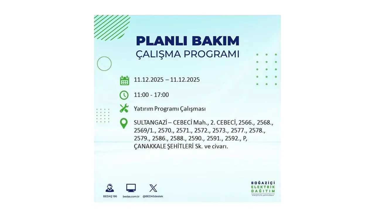 İstanbul’da 11 Aralık’a dikkat! BEDAŞ duyurdu: 22 ilçede elektrik kesintisi yaşanacak, akşam saatlerine kadar enerji verilmeyecek