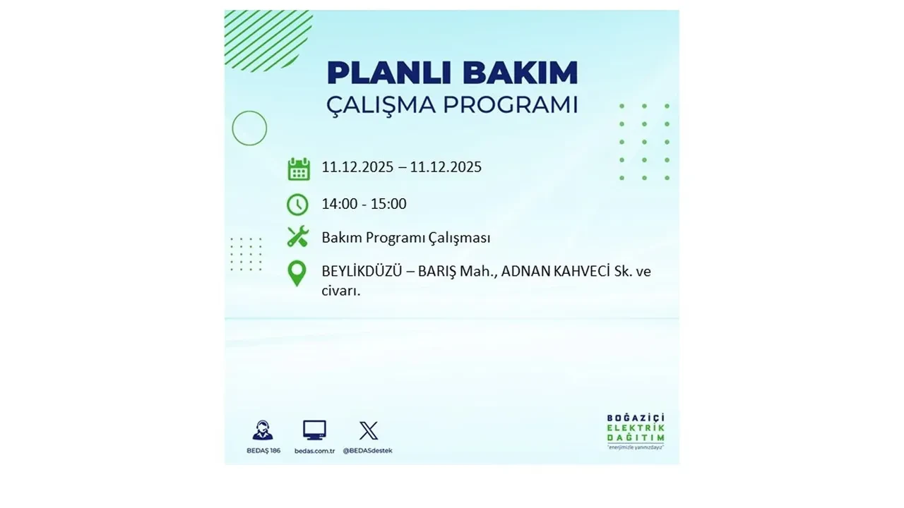 İstanbul’da 11 Aralık’a dikkat! BEDAŞ duyurdu: 22 ilçede elektrik kesintisi yaşanacak, akşam saatlerine kadar enerji verilmeyecek