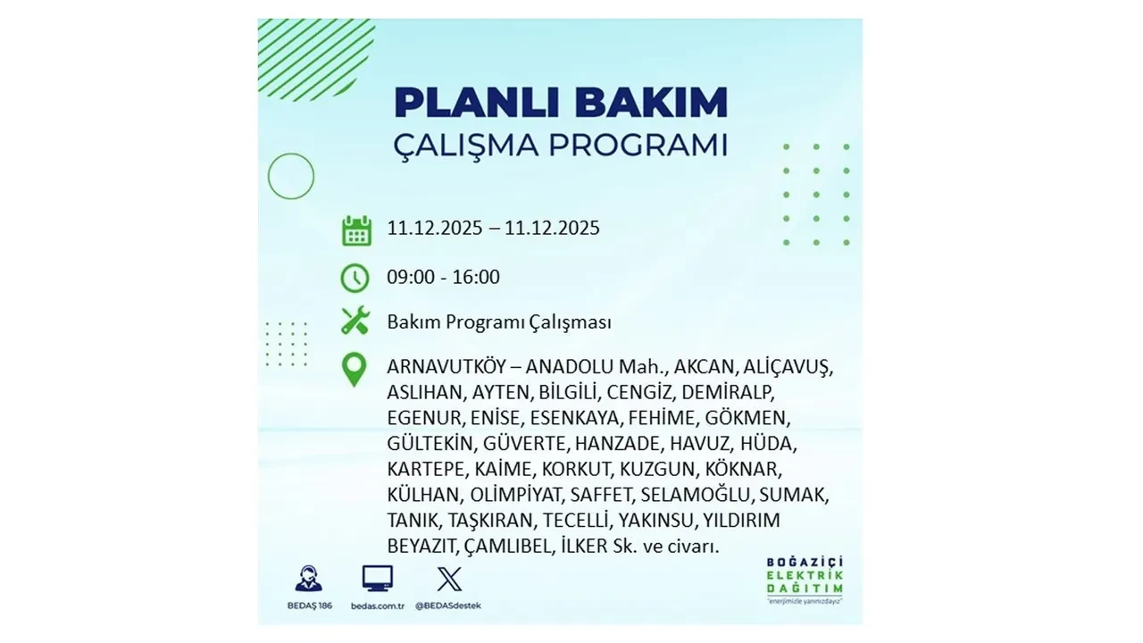 İstanbul’da 11 Aralık’a dikkat! BEDAŞ duyurdu: 22 ilçede elektrik kesintisi yaşanacak, akşam saatlerine kadar enerji verilmeyecek