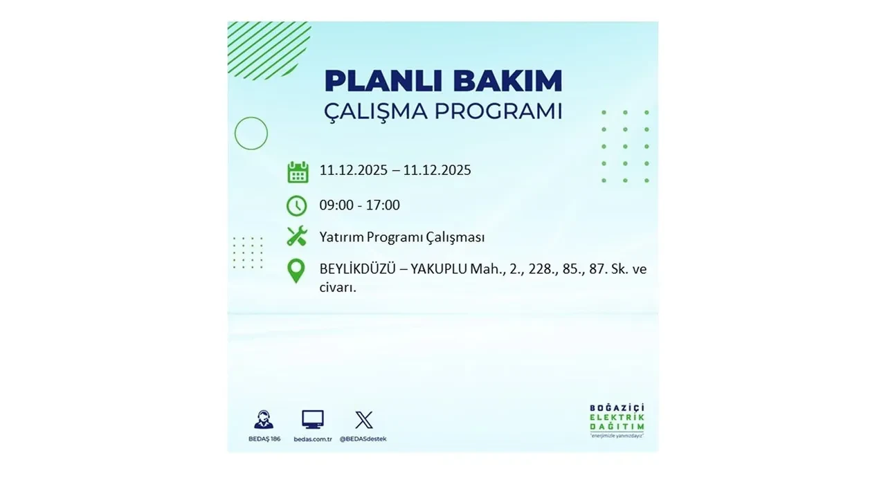 İstanbul’da 11 Aralık’a dikkat! BEDAŞ duyurdu: 22 ilçede elektrik kesintisi yaşanacak, akşam saatlerine kadar enerji verilmeyecek