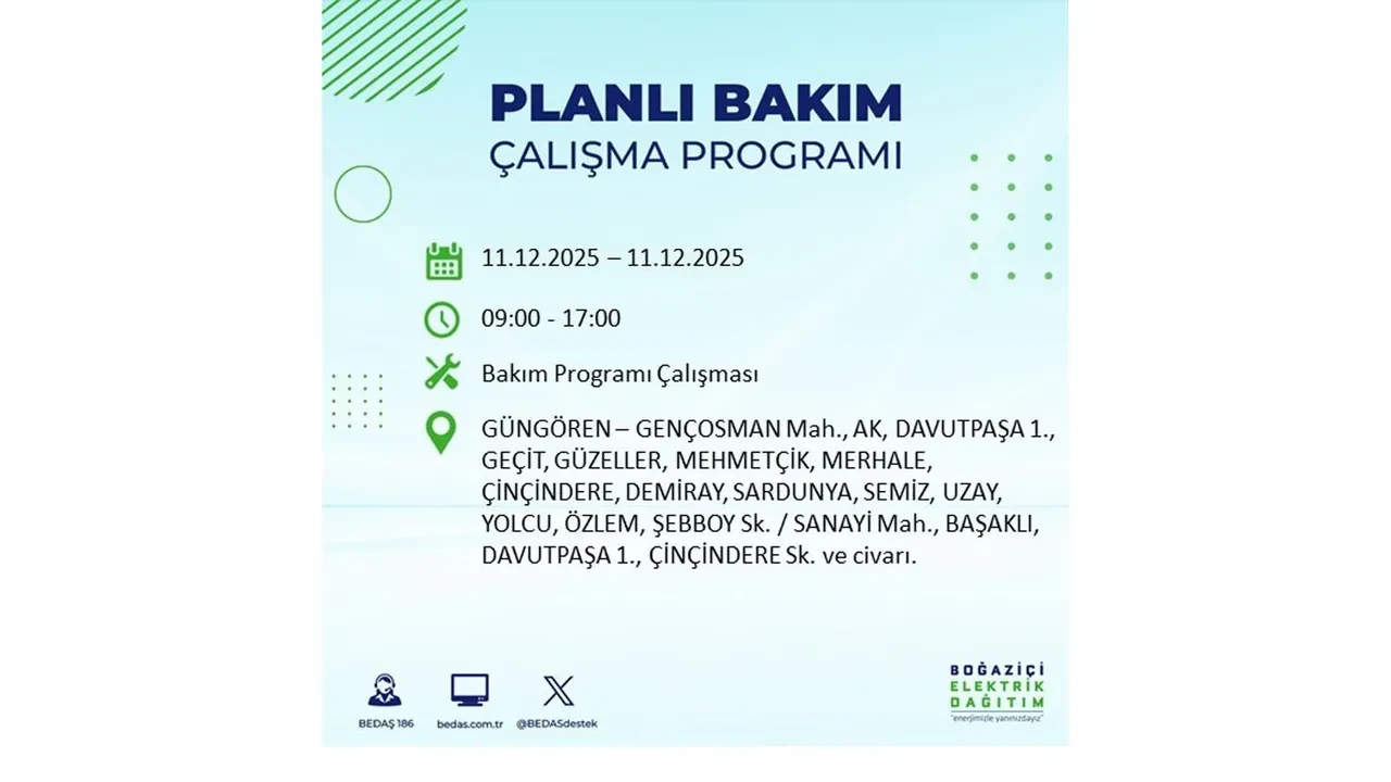 İstanbul’da 11 Aralık’a dikkat! BEDAŞ duyurdu: 22 ilçede elektrik kesintisi yaşanacak, akşam saatlerine kadar enerji verilmeyecek