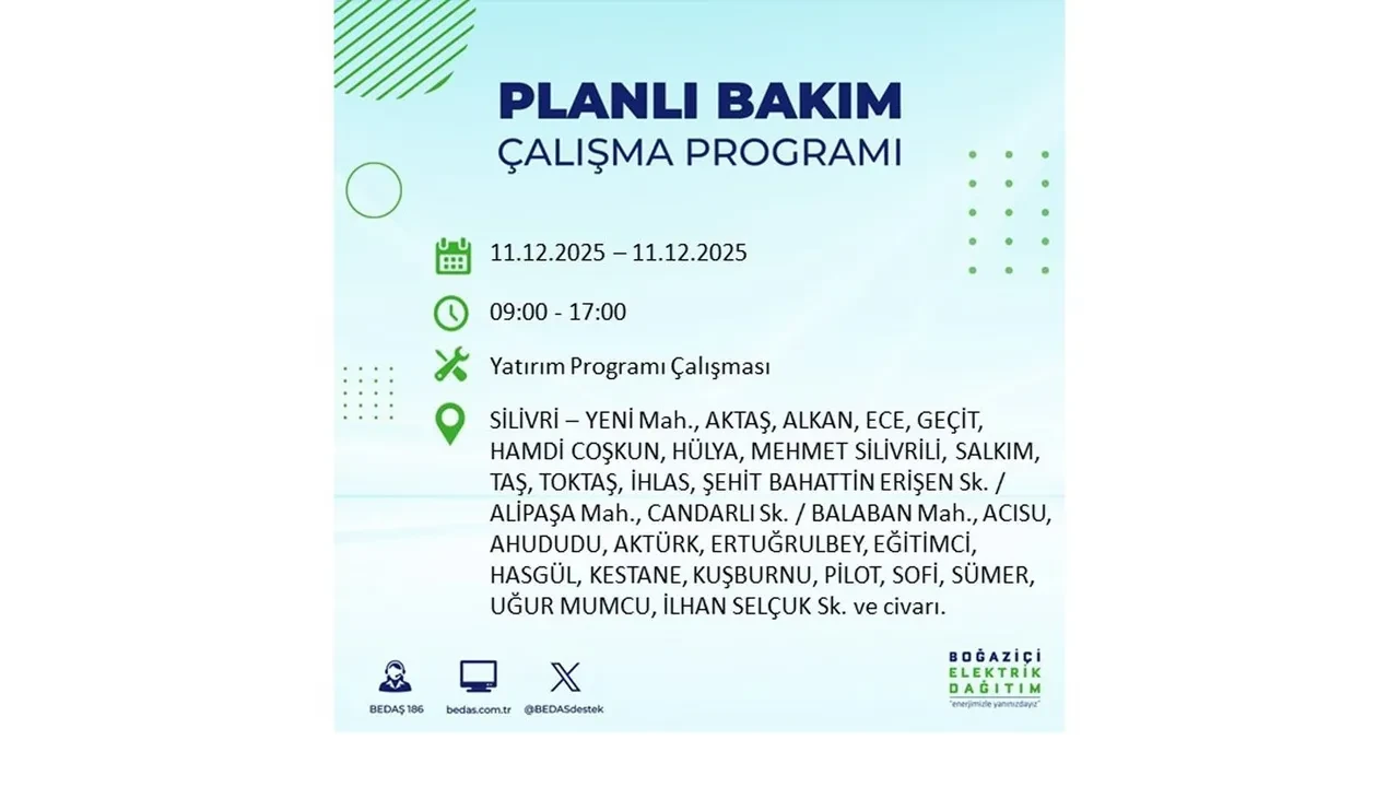İstanbul’da 11 Aralık’a dikkat! BEDAŞ duyurdu: 22 ilçede elektrik kesintisi yaşanacak, akşam saatlerine kadar enerji verilmeyecek