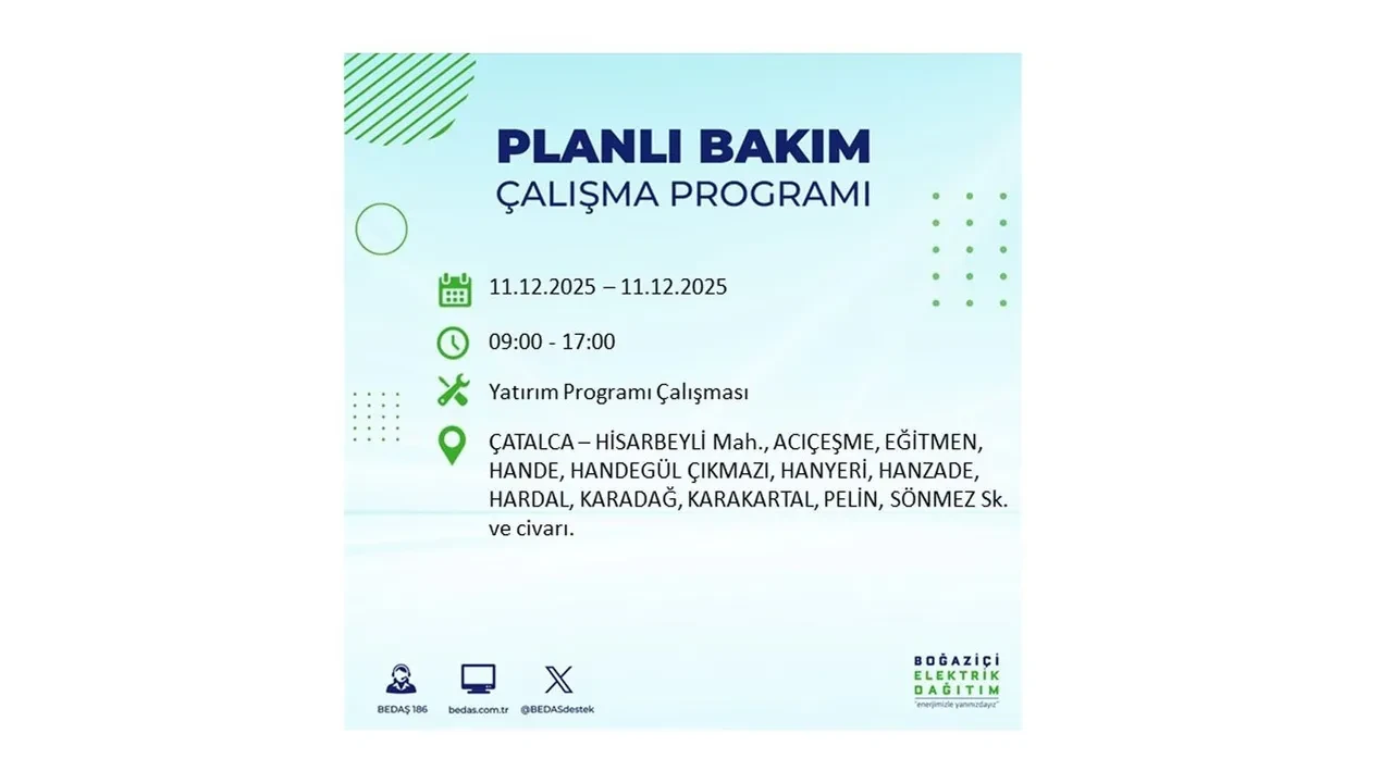 İstanbul’da 11 Aralık’a dikkat! BEDAŞ duyurdu: 22 ilçede elektrik kesintisi yaşanacak, akşam saatlerine kadar enerji verilmeyecek