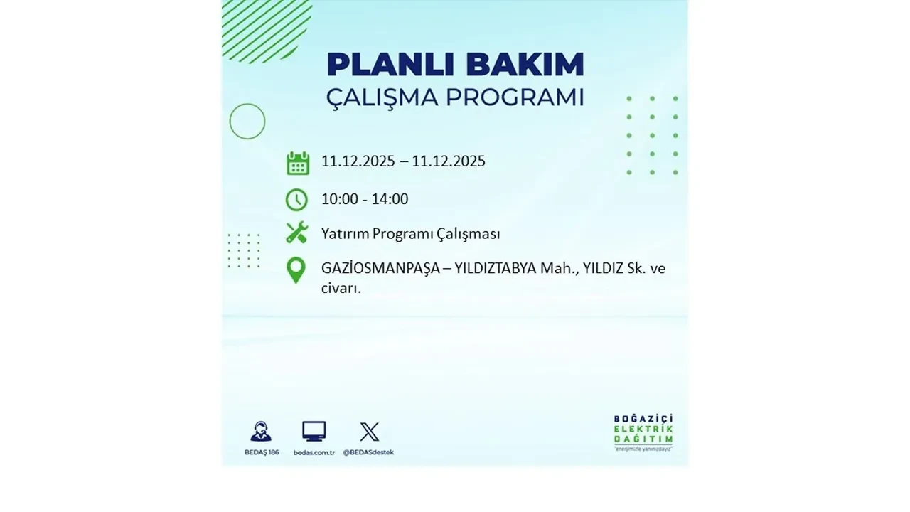 İstanbul’da 11 Aralık’a dikkat! BEDAŞ duyurdu: 22 ilçede elektrik kesintisi yaşanacak, akşam saatlerine kadar enerji verilmeyecek