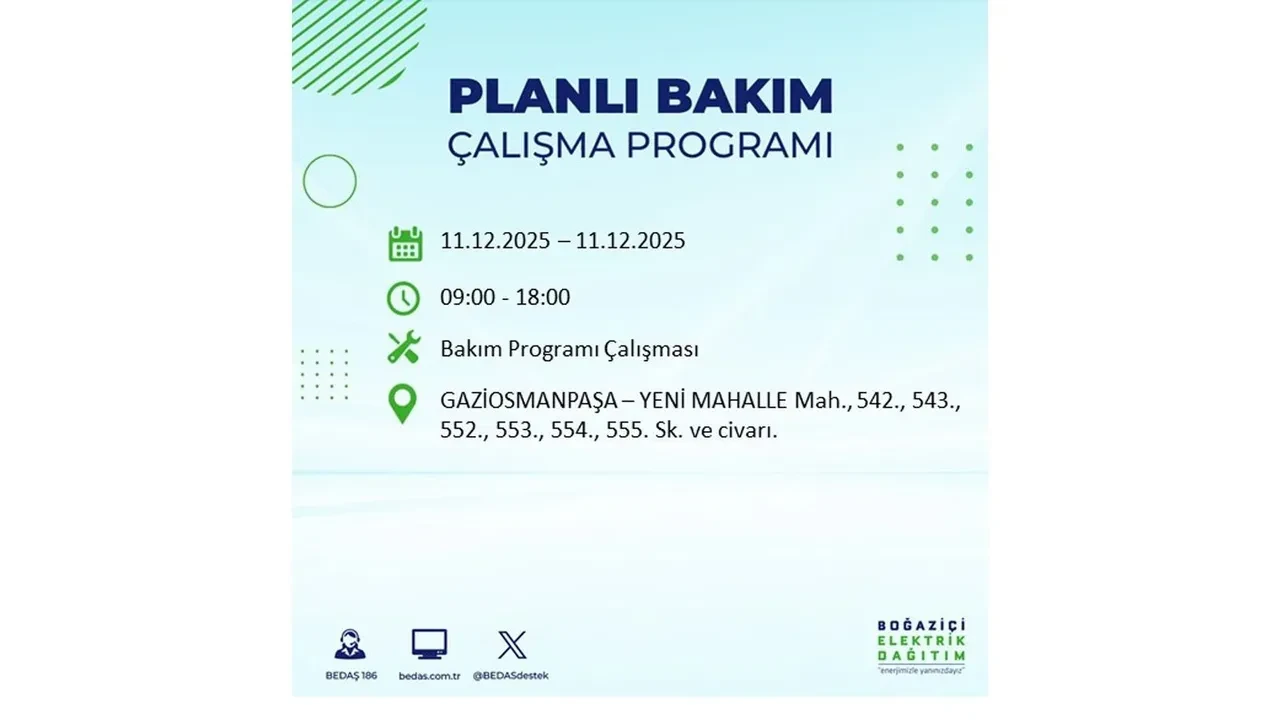 İstanbul’da 11 Aralık’a dikkat! BEDAŞ duyurdu: 22 ilçede elektrik kesintisi yaşanacak, akşam saatlerine kadar enerji verilmeyecek