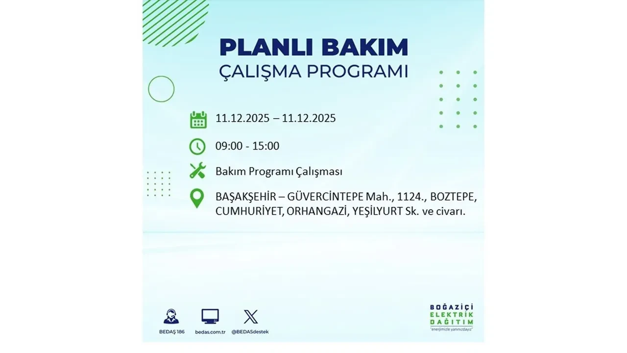 İstanbul’da 11 Aralık’a dikkat! BEDAŞ duyurdu: 22 ilçede elektrik kesintisi yaşanacak, akşam saatlerine kadar enerji verilmeyecek