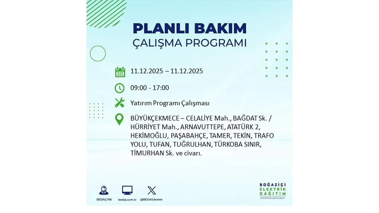 İstanbul’da 11 Aralık’a dikkat! BEDAŞ duyurdu: 22 ilçede elektrik kesintisi yaşanacak, akşam saatlerine kadar enerji verilmeyecek
