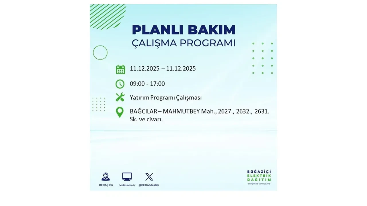 İstanbul’da 11 Aralık’a dikkat! BEDAŞ duyurdu: 22 ilçede elektrik kesintisi yaşanacak, akşam saatlerine kadar enerji verilmeyecek