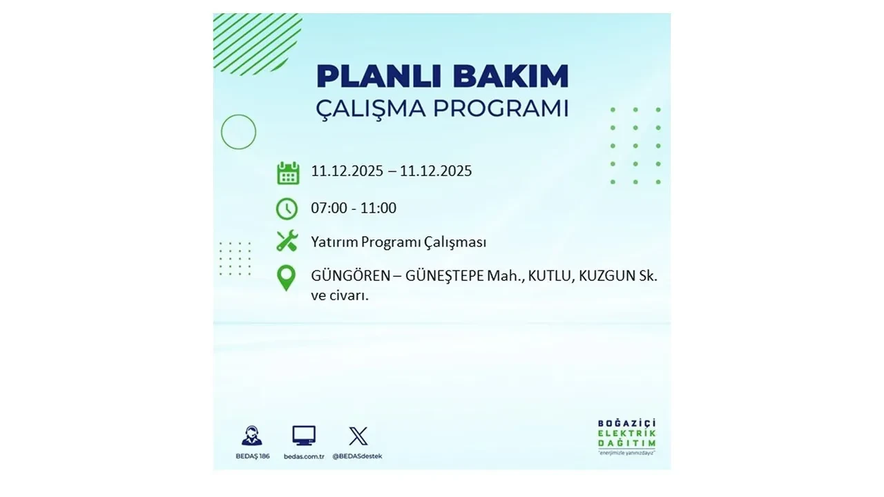 İstanbul’da 11 Aralık’a dikkat! BEDAŞ duyurdu: 22 ilçede elektrik kesintisi yaşanacak, akşam saatlerine kadar enerji verilmeyecek