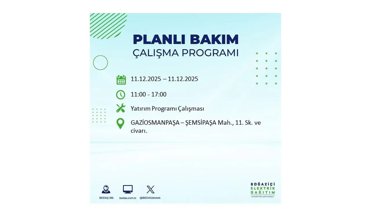 İstanbul’da 11 Aralık’a dikkat! BEDAŞ duyurdu: 22 ilçede elektrik kesintisi yaşanacak, akşam saatlerine kadar enerji verilmeyecek