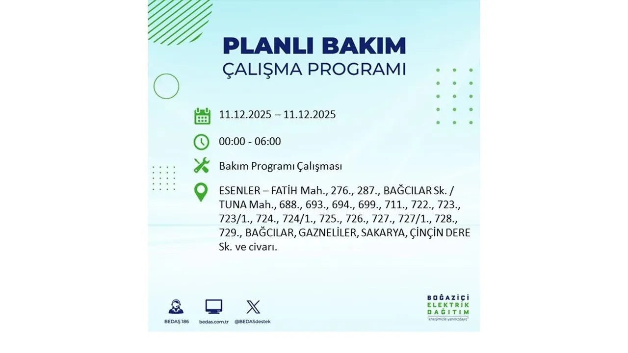 İstanbul’da 11 Aralık’a dikkat! BEDAŞ duyurdu: 22 ilçede elektrik kesintisi yaşanacak, akşam saatlerine kadar enerji verilmeyecek