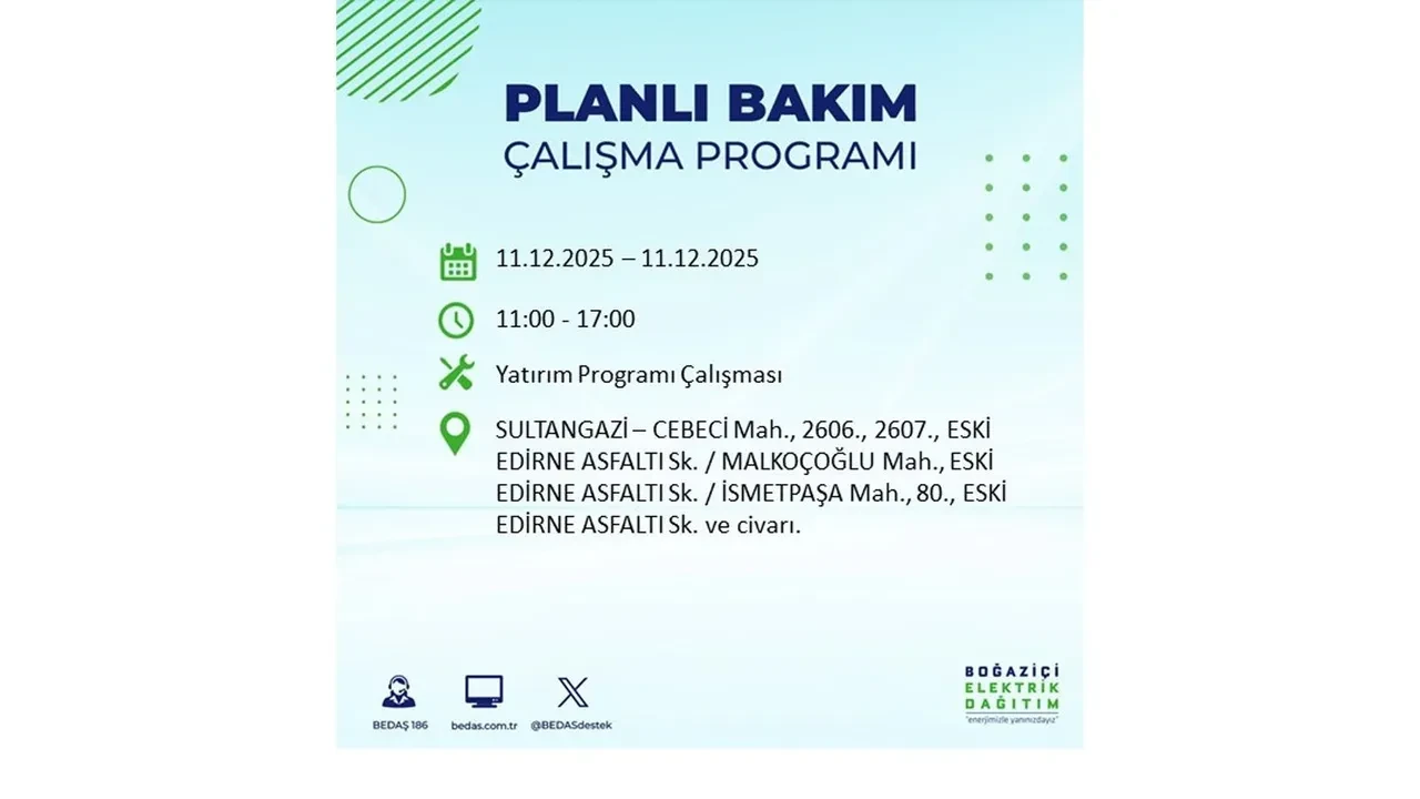 İstanbul’da 11 Aralık’a dikkat! BEDAŞ duyurdu: 22 ilçede elektrik kesintisi yaşanacak, akşam saatlerine kadar enerji verilmeyecek