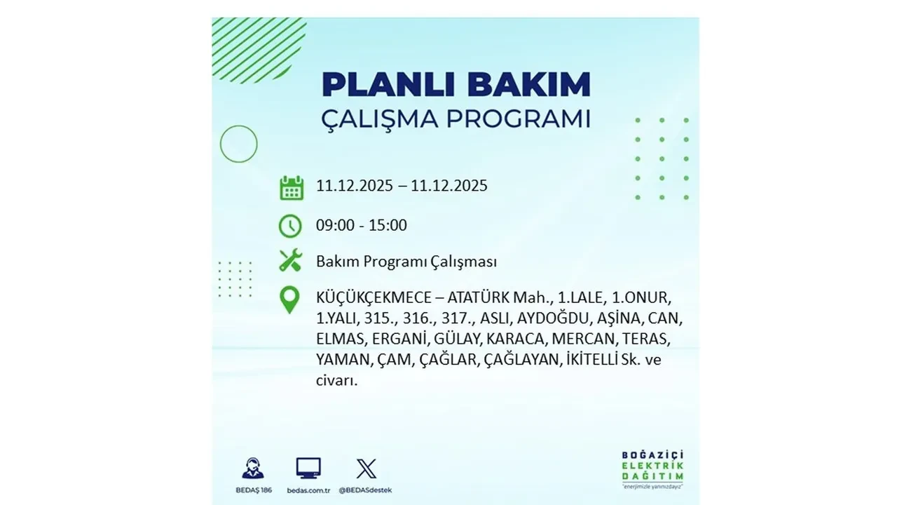 İstanbul’da 11 Aralık’a dikkat! BEDAŞ duyurdu: 22 ilçede elektrik kesintisi yaşanacak, akşam saatlerine kadar enerji verilmeyecek