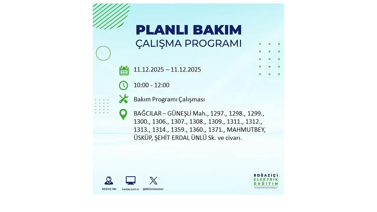 İstanbul’da 11 Aralık’a dikkat! BEDAŞ duyurdu: 22 ilçede elektrik kesintisi yaşanacak, akşam saatlerine kadar enerji verilmeyecek