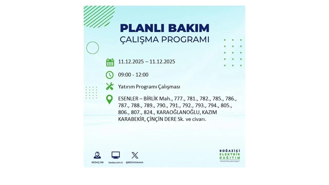 İstanbul’da 11 Aralık’a dikkat! BEDAŞ duyurdu: 22 ilçede elektrik kesintisi yaşanacak, akşam saatlerine kadar enerji verilmeyecek
