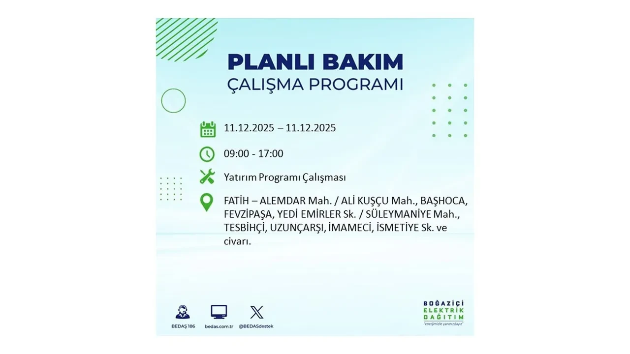 İstanbul’da 11 Aralık’a dikkat! BEDAŞ duyurdu: 22 ilçede elektrik kesintisi yaşanacak, akşam saatlerine kadar enerji verilmeyecek