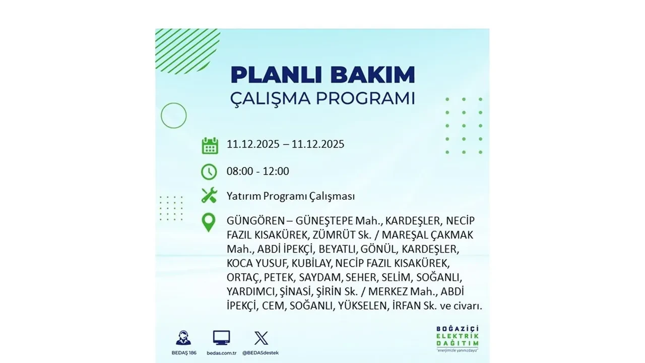İstanbul’da 11 Aralık’a dikkat! BEDAŞ duyurdu: 22 ilçede elektrik kesintisi yaşanacak, akşam saatlerine kadar enerji verilmeyecek