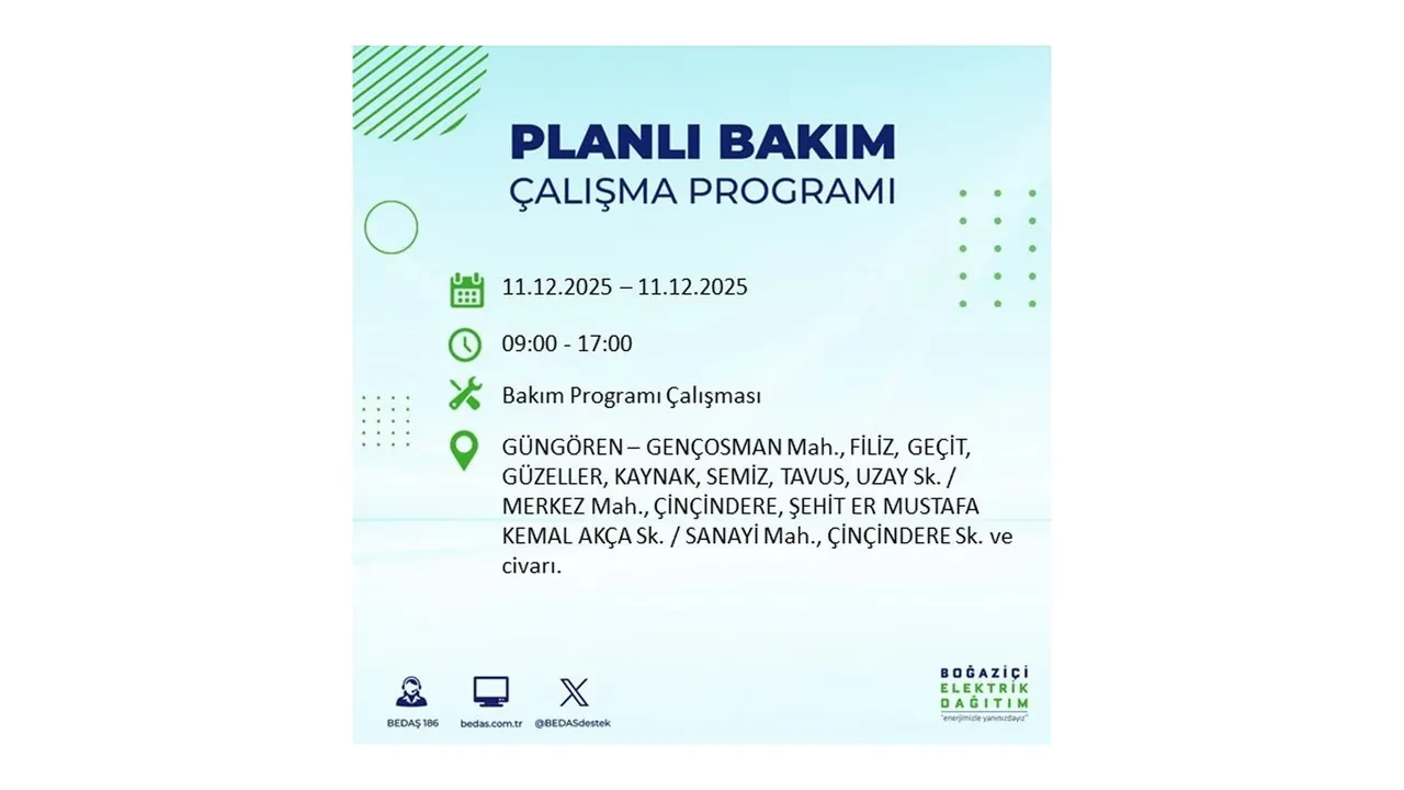 İstanbul’da 11 Aralık’a dikkat! BEDAŞ duyurdu: 22 ilçede elektrik kesintisi yaşanacak, akşam saatlerine kadar enerji verilmeyecek