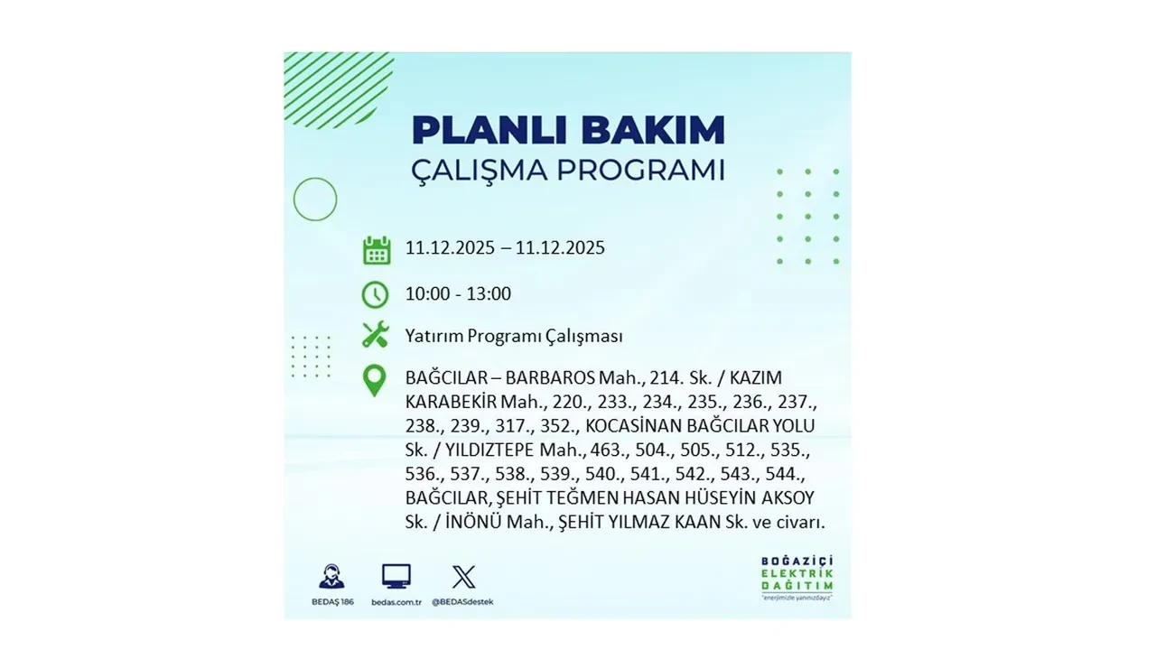 İstanbul’da 11 Aralık’a dikkat! BEDAŞ duyurdu: 22 ilçede elektrik kesintisi yaşanacak, akşam saatlerine kadar enerji verilmeyecek