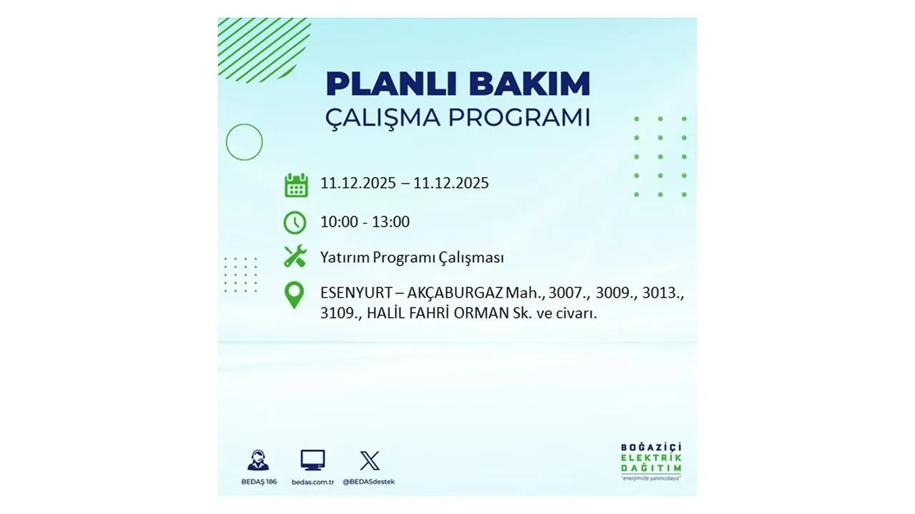İstanbul’da 11 Aralık’a dikkat! BEDAŞ duyurdu: 22 ilçede elektrik kesintisi yaşanacak, akşam saatlerine kadar enerji verilmeyecek