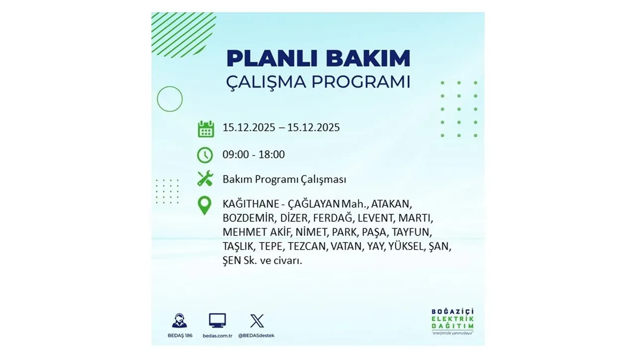 İstanbullular uyarıldı! 15 Aralık Pazartesi günü 19 ilçede elektrik kesintisi yaşanacak: Bazı bölgelerde akşama kadar elektrikler gelmeyecek