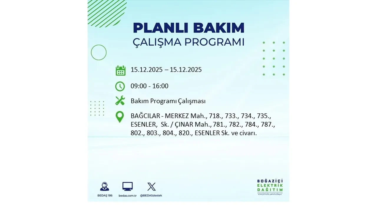 İstanbullular uyarıldı! 15 Aralık Pazartesi günü 19 ilçede elektrik kesintisi yaşanacak: Bazı bölgelerde akşama kadar elektrikler gelmeyecek