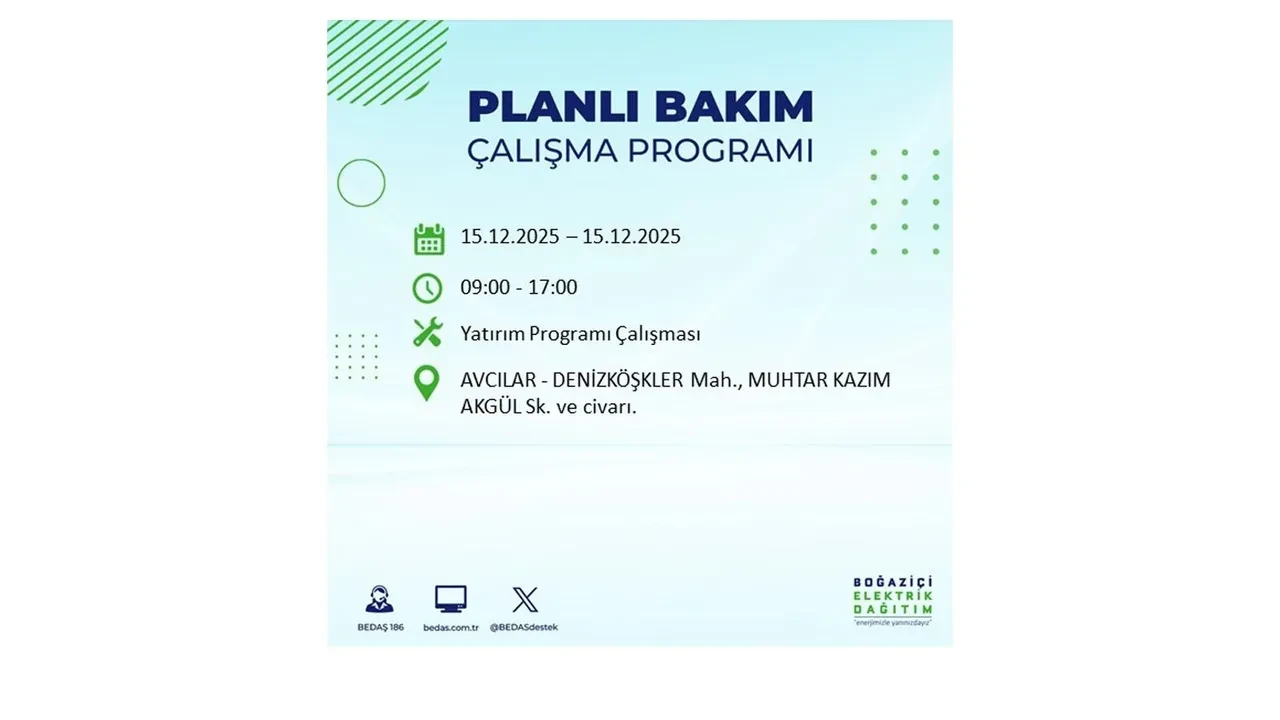 İstanbullular uyarıldı! 15 Aralık Pazartesi günü 19 ilçede elektrik kesintisi yaşanacak: Bazı bölgelerde akşama kadar elektrikler gelmeyecek