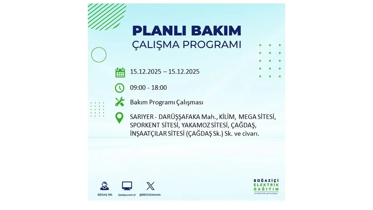 İstanbullular uyarıldı! 15 Aralık Pazartesi günü 19 ilçede elektrik kesintisi yaşanacak: Bazı bölgelerde akşama kadar elektrikler gelmeyecek