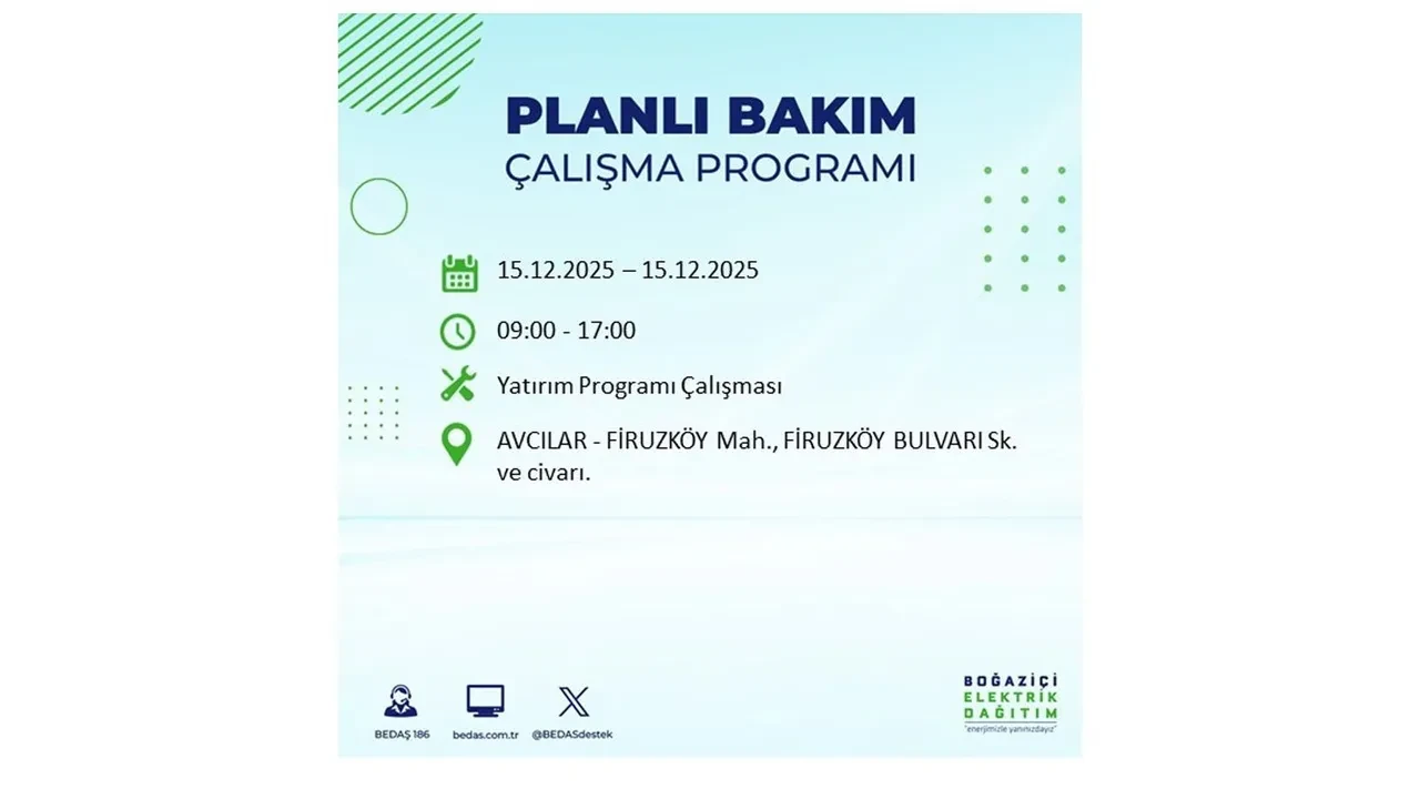 İstanbullular uyarıldı! 15 Aralık Pazartesi günü 19 ilçede elektrik kesintisi yaşanacak: Bazı bölgelerde akşama kadar elektrikler gelmeyecek