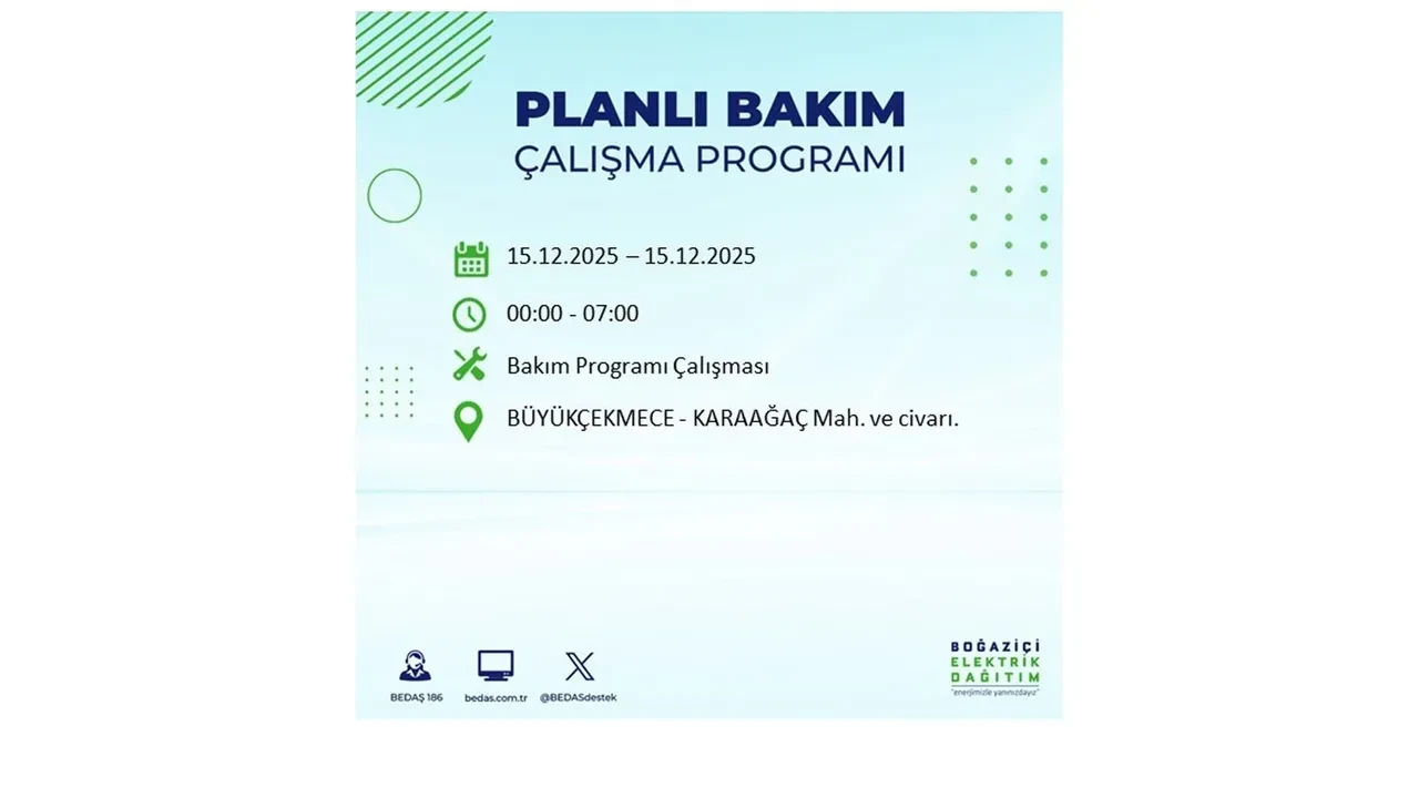 İstanbullular uyarıldı! 15 Aralık Pazartesi günü 19 ilçede elektrik kesintisi yaşanacak: Bazı bölgelerde akşama kadar elektrikler gelmeyecek