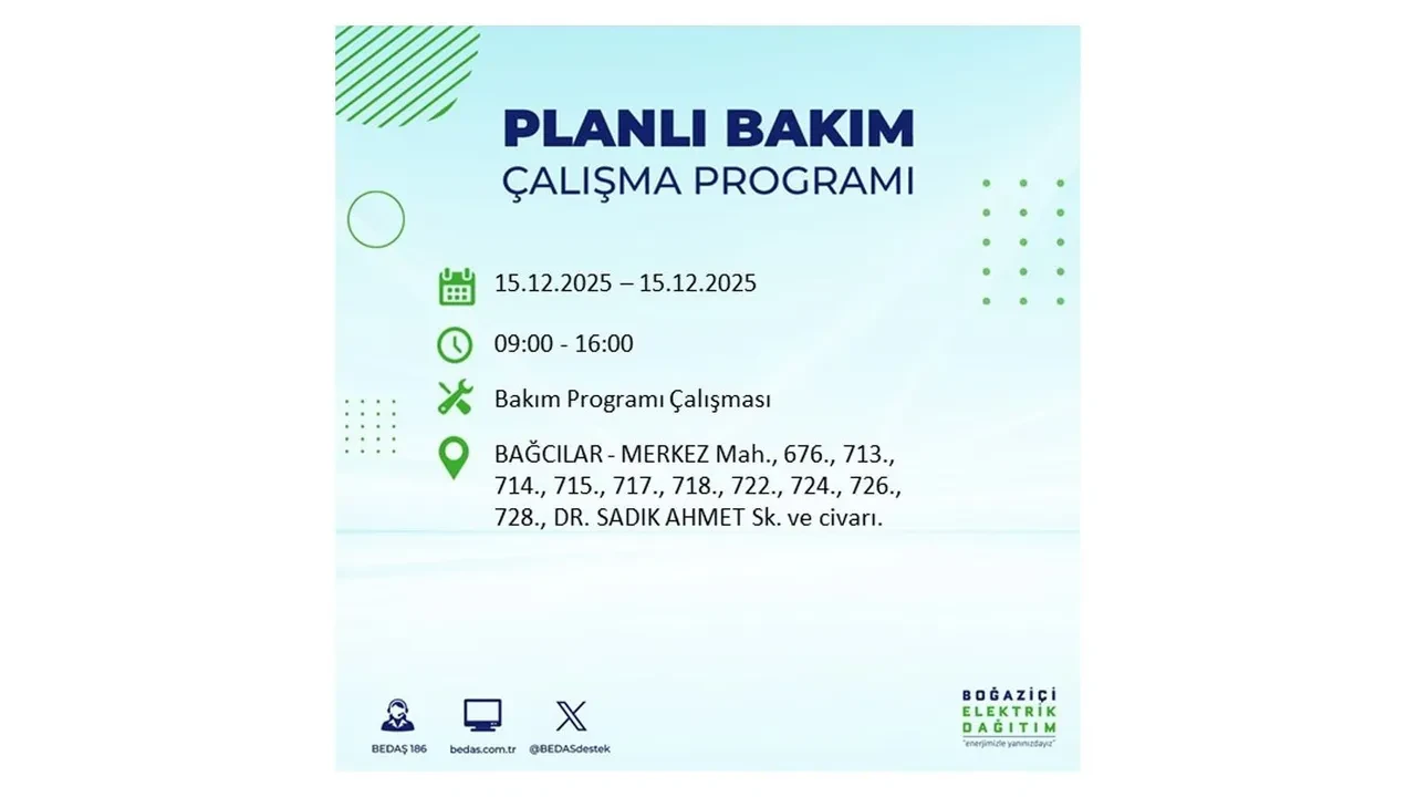İstanbullular uyarıldı! 15 Aralık Pazartesi günü 19 ilçede elektrik kesintisi yaşanacak: Bazı bölgelerde akşama kadar elektrikler gelmeyecek