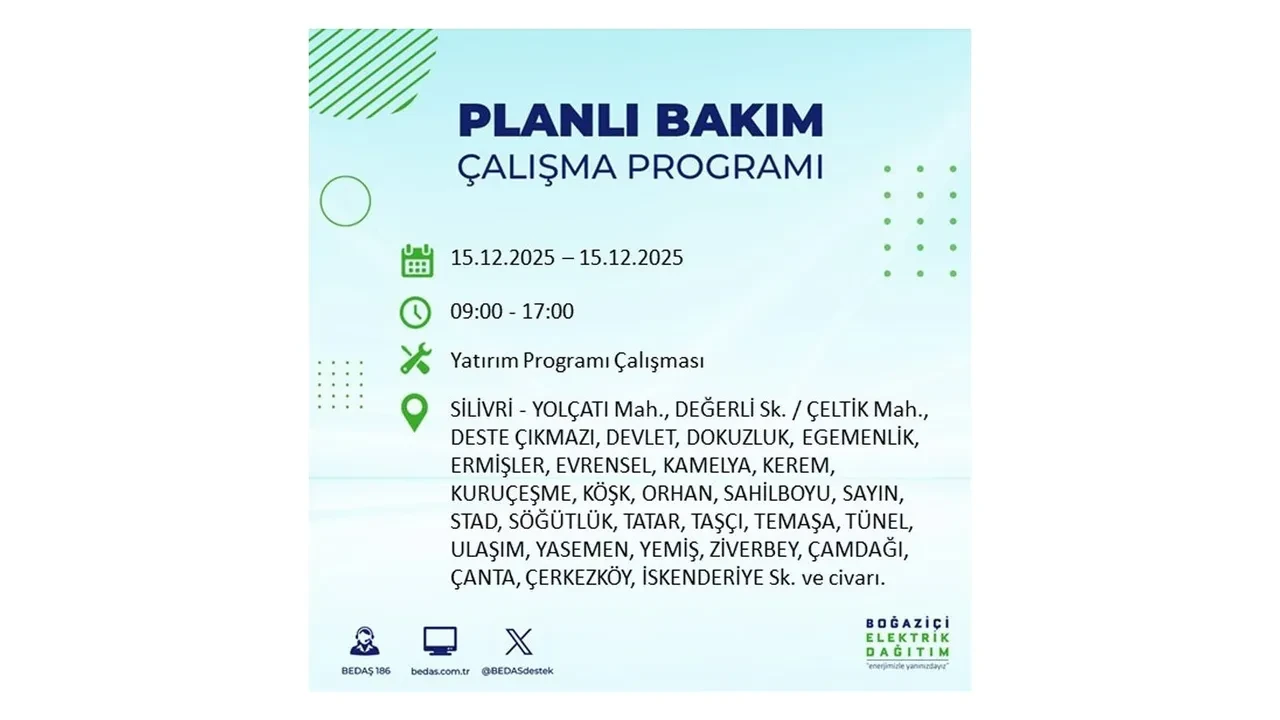 İstanbullular uyarıldı! 15 Aralık Pazartesi günü 19 ilçede elektrik kesintisi yaşanacak: Bazı bölgelerde akşama kadar elektrikler gelmeyecek