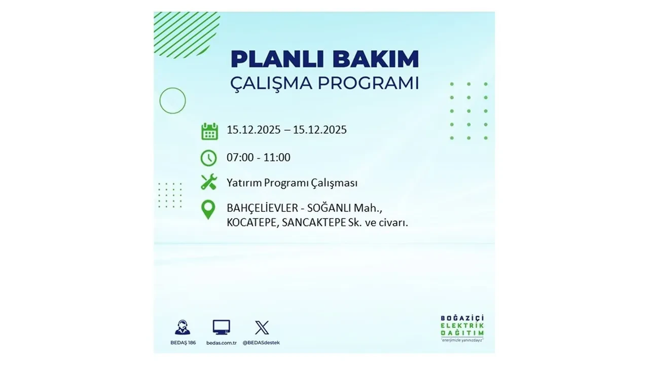 İstanbullular uyarıldı! 15 Aralık Pazartesi günü 19 ilçede elektrik kesintisi yaşanacak: Bazı bölgelerde akşama kadar elektrikler gelmeyecek