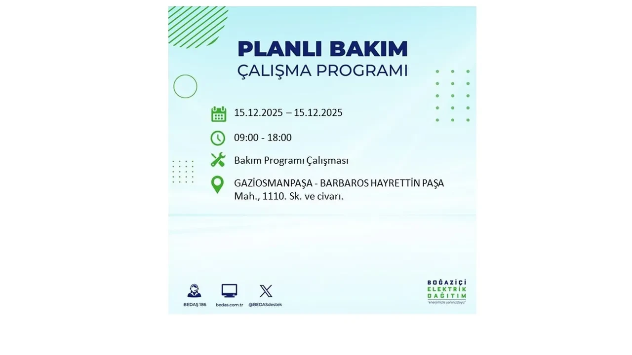 İstanbullular uyarıldı! 15 Aralık Pazartesi günü 19 ilçede elektrik kesintisi yaşanacak: Bazı bölgelerde akşama kadar elektrikler gelmeyecek