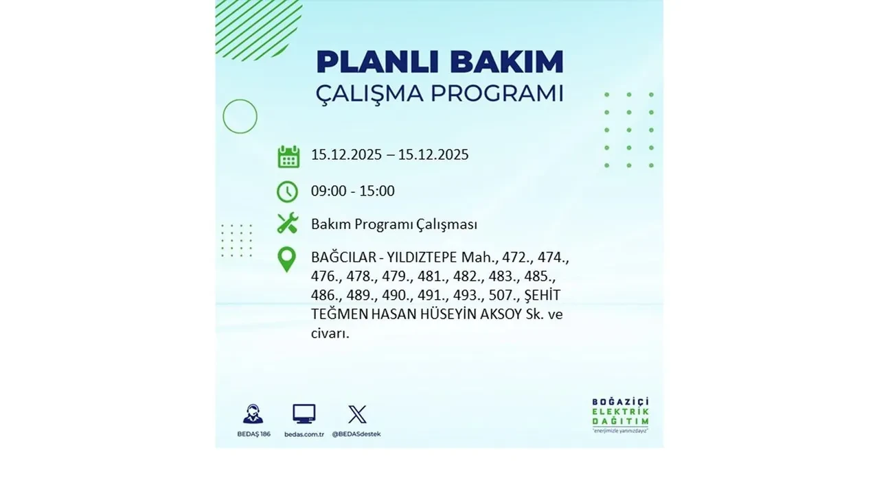 İstanbullular uyarıldı! 15 Aralık Pazartesi günü 19 ilçede elektrik kesintisi yaşanacak: Bazı bölgelerde akşama kadar elektrikler gelmeyecek