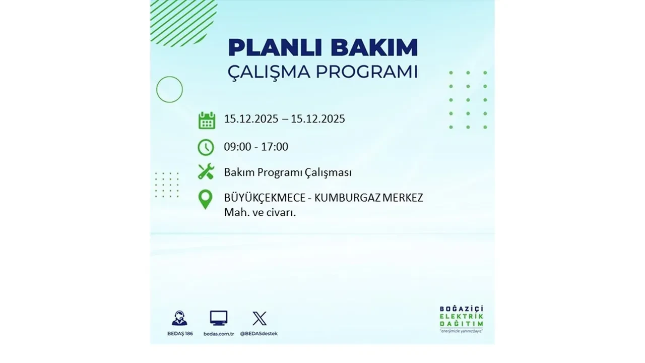 İstanbullular uyarıldı! 15 Aralık Pazartesi günü 19 ilçede elektrik kesintisi yaşanacak: Bazı bölgelerde akşama kadar elektrikler gelmeyecek
