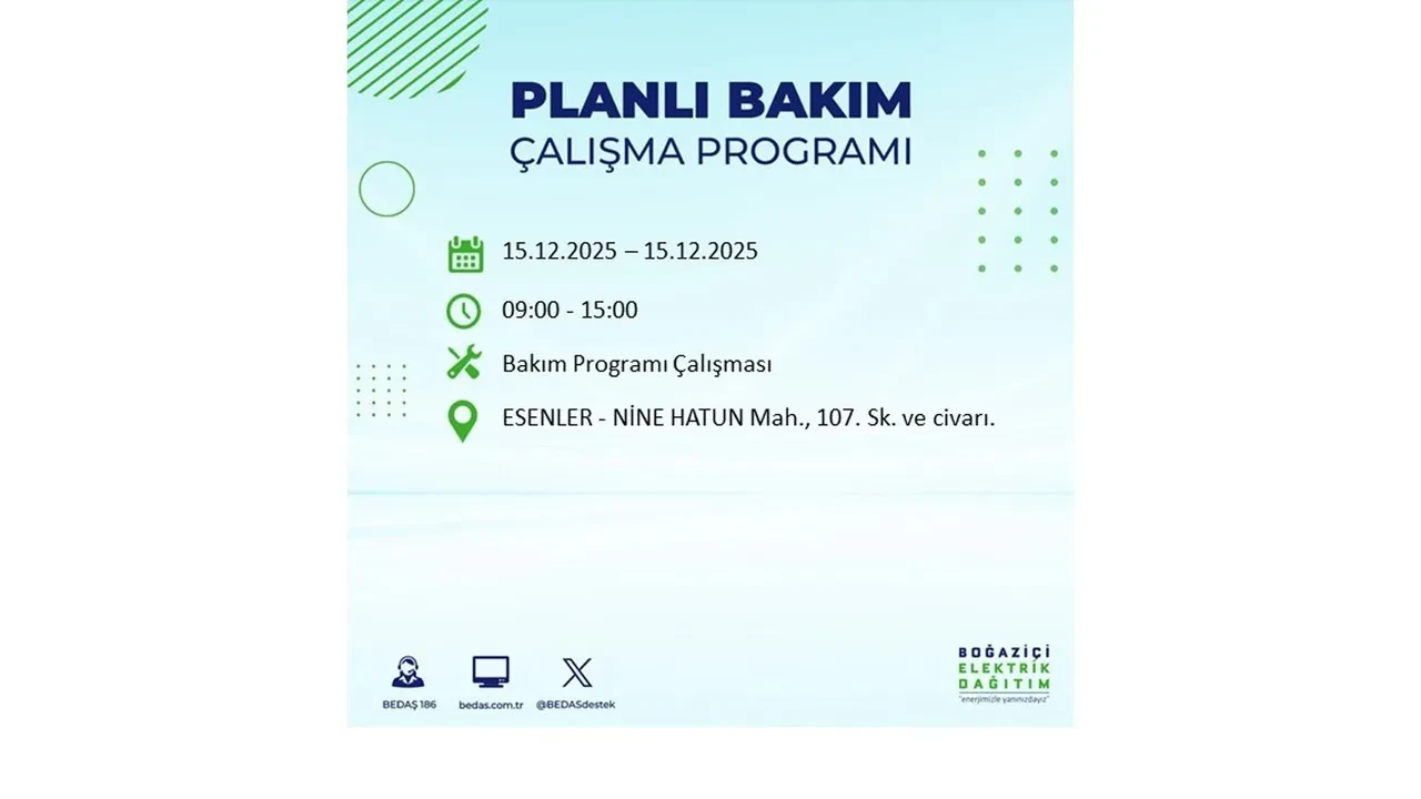 İstanbullular uyarıldı! 15 Aralık Pazartesi günü 19 ilçede elektrik kesintisi yaşanacak: Bazı bölgelerde akşama kadar elektrikler gelmeyecek