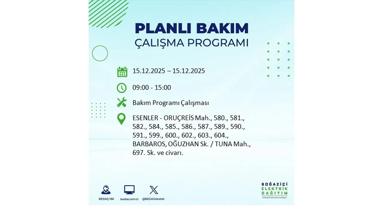 İstanbullular uyarıldı! 15 Aralık Pazartesi günü 19 ilçede elektrik kesintisi yaşanacak: Bazı bölgelerde akşama kadar elektrikler gelmeyecek