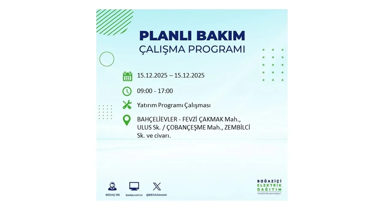 İstanbullular uyarıldı! 15 Aralık Pazartesi günü 19 ilçede elektrik kesintisi yaşanacak: Bazı bölgelerde akşama kadar elektrikler gelmeyecek