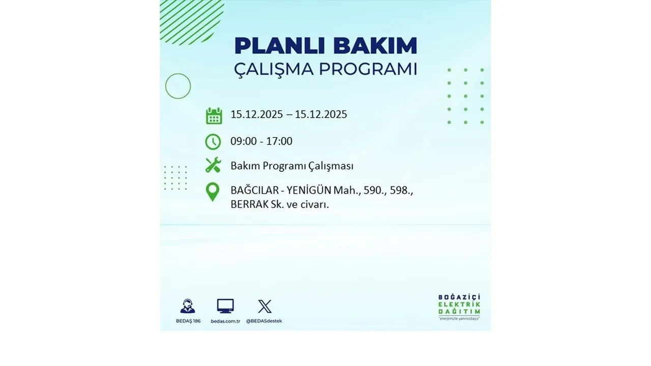 İstanbullular uyarıldı! 15 Aralık Pazartesi günü 19 ilçede elektrik kesintisi yaşanacak: Bazı bölgelerde akşama kadar elektrikler gelmeyecek