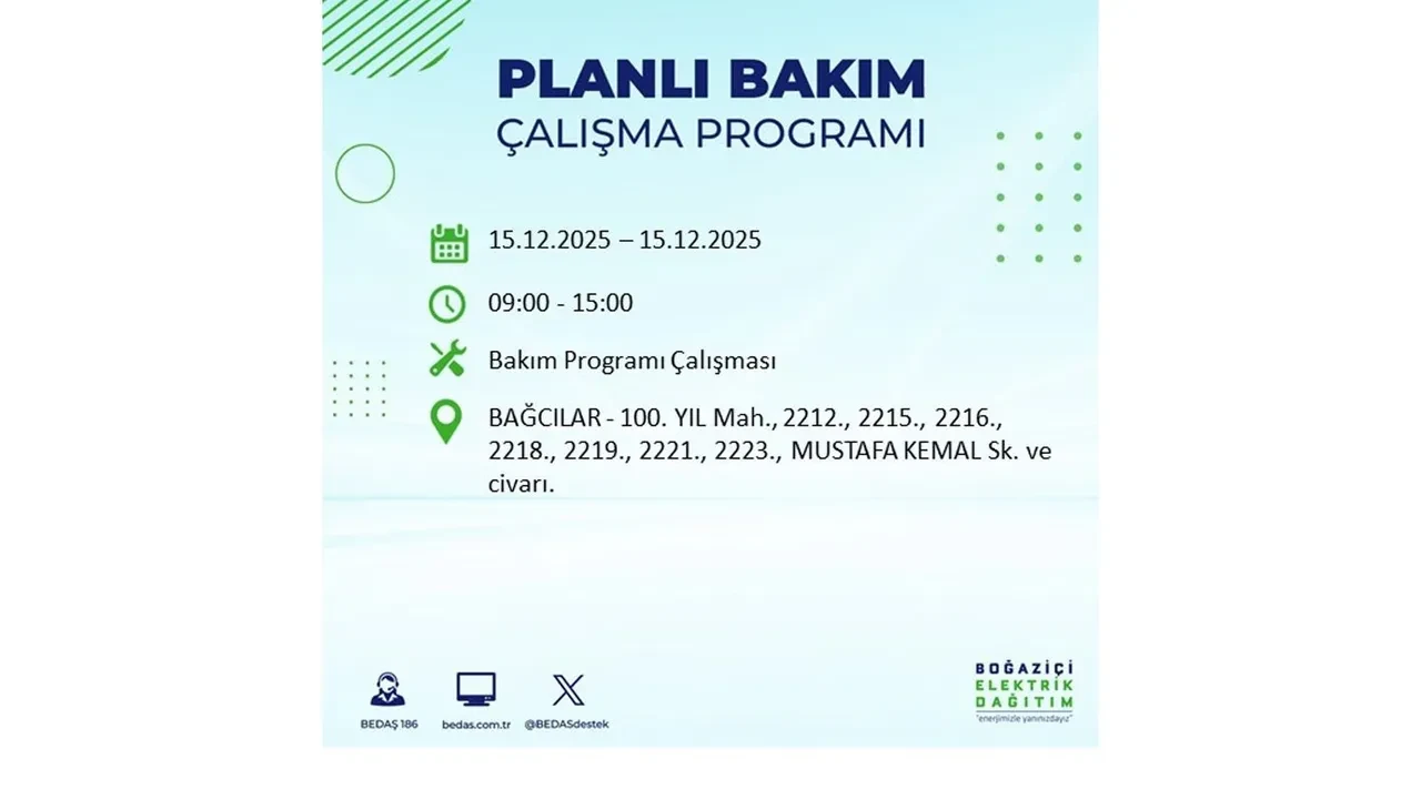 İstanbullular uyarıldı! 15 Aralık Pazartesi günü 19 ilçede elektrik kesintisi yaşanacak: Bazı bölgelerde akşama kadar elektrikler gelmeyecek