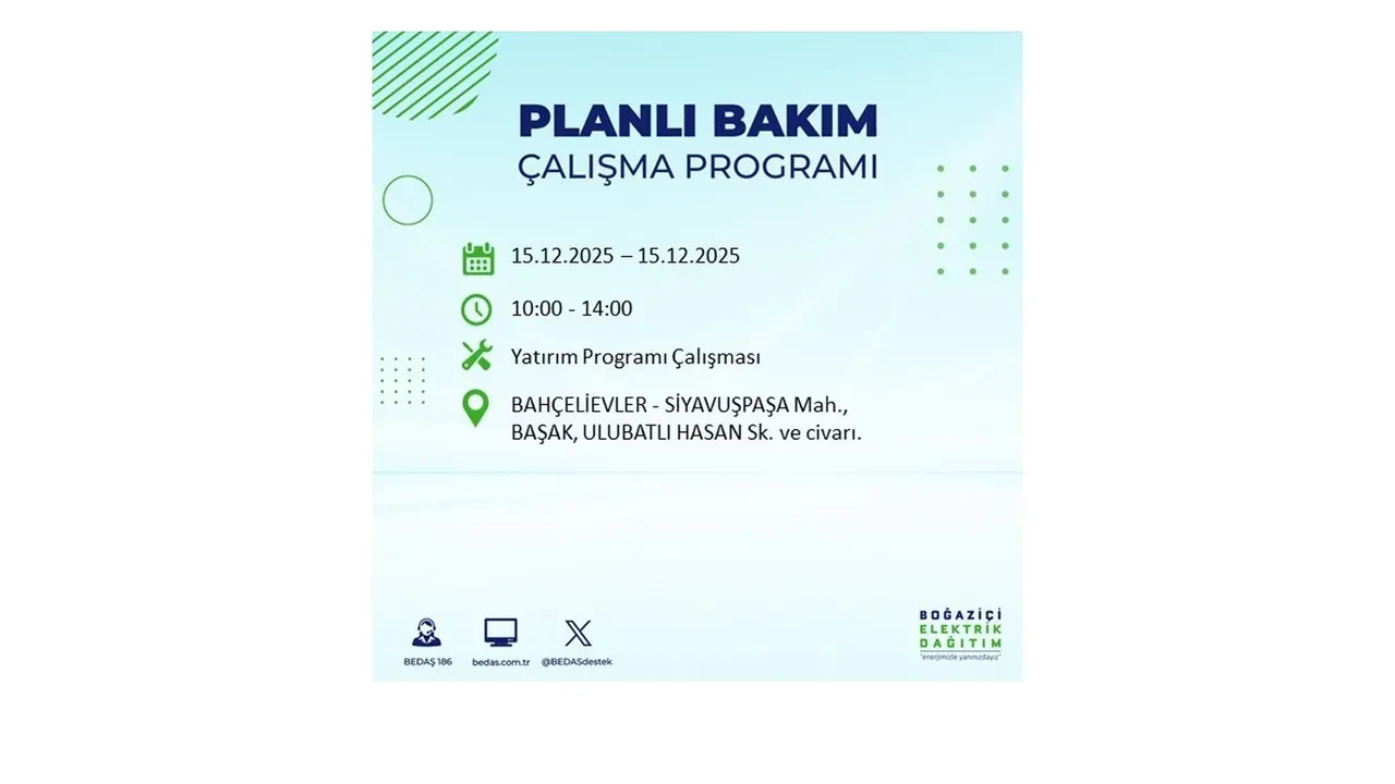 İstanbullular uyarıldı! 15 Aralık Pazartesi günü 19 ilçede elektrik kesintisi yaşanacak: Bazı bölgelerde akşama kadar elektrikler gelmeyecek