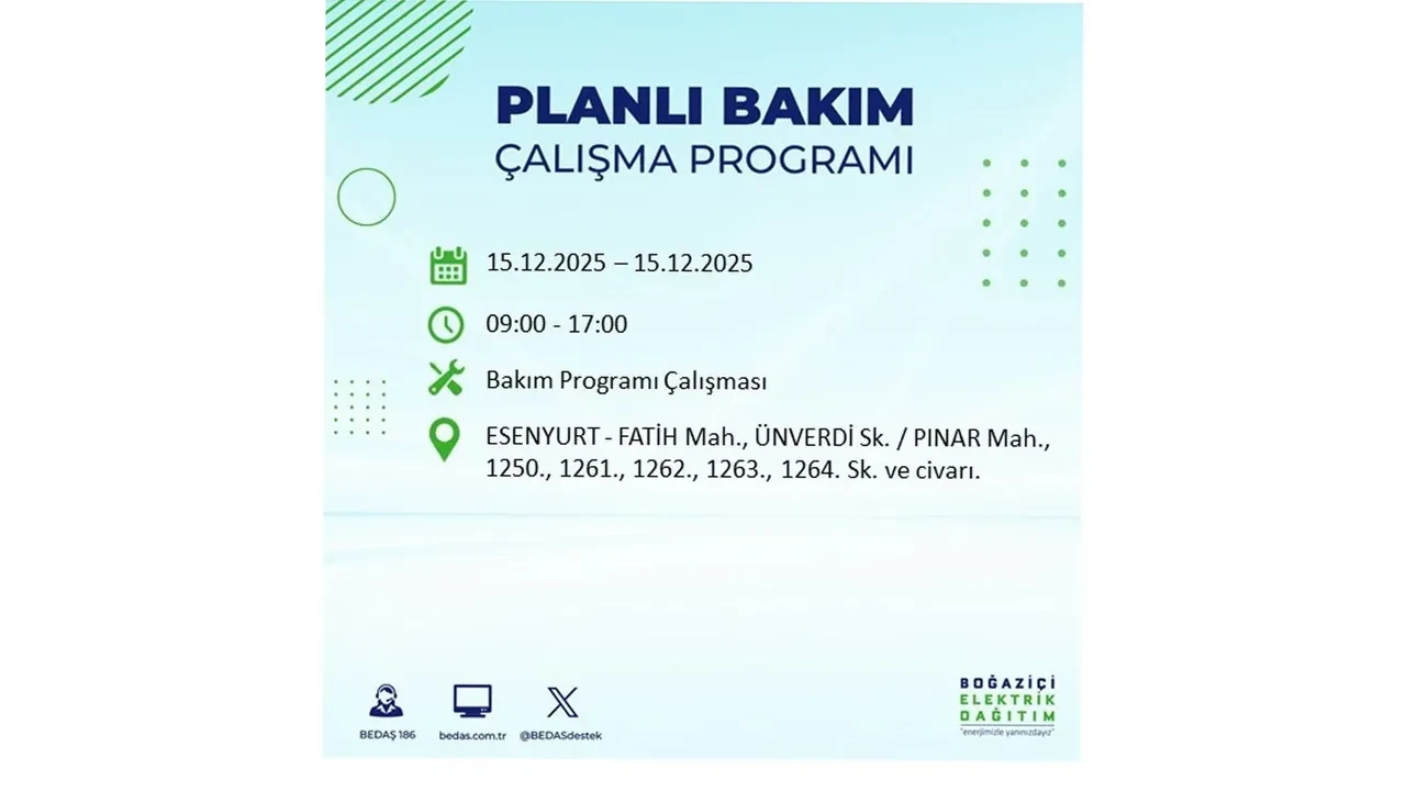 İstanbullular uyarıldı! 15 Aralık Pazartesi günü 19 ilçede elektrik kesintisi yaşanacak: Bazı bölgelerde akşama kadar elektrikler gelmeyecek